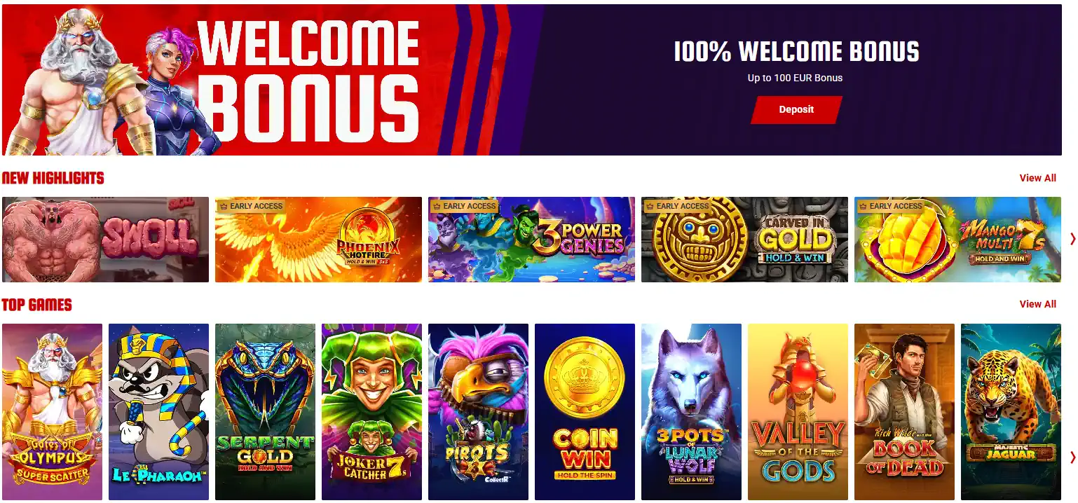 55Bet welkomstbonus banner en uitgelichte casino slots.